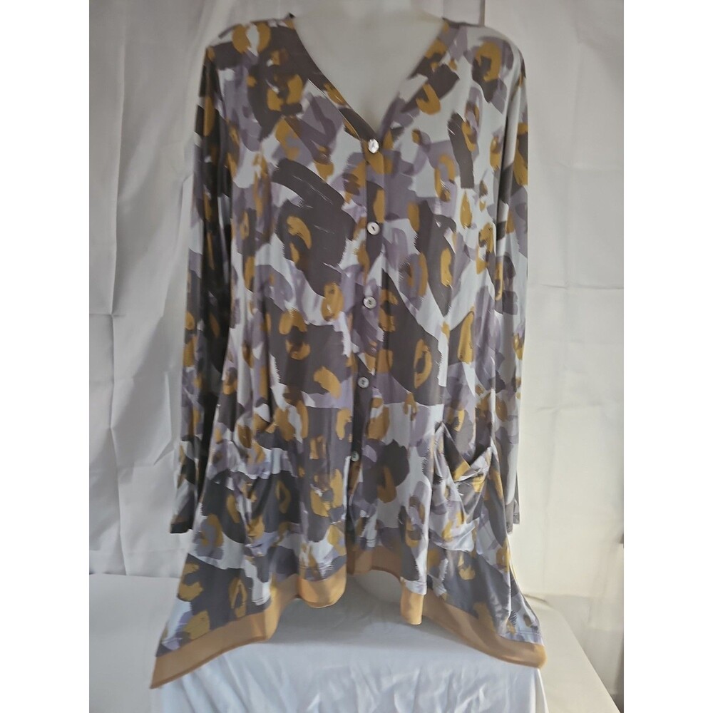 LOGO Lori Goldstein Sz M Fall Colors Print Stretch Jersey Cardigan Top Pockets